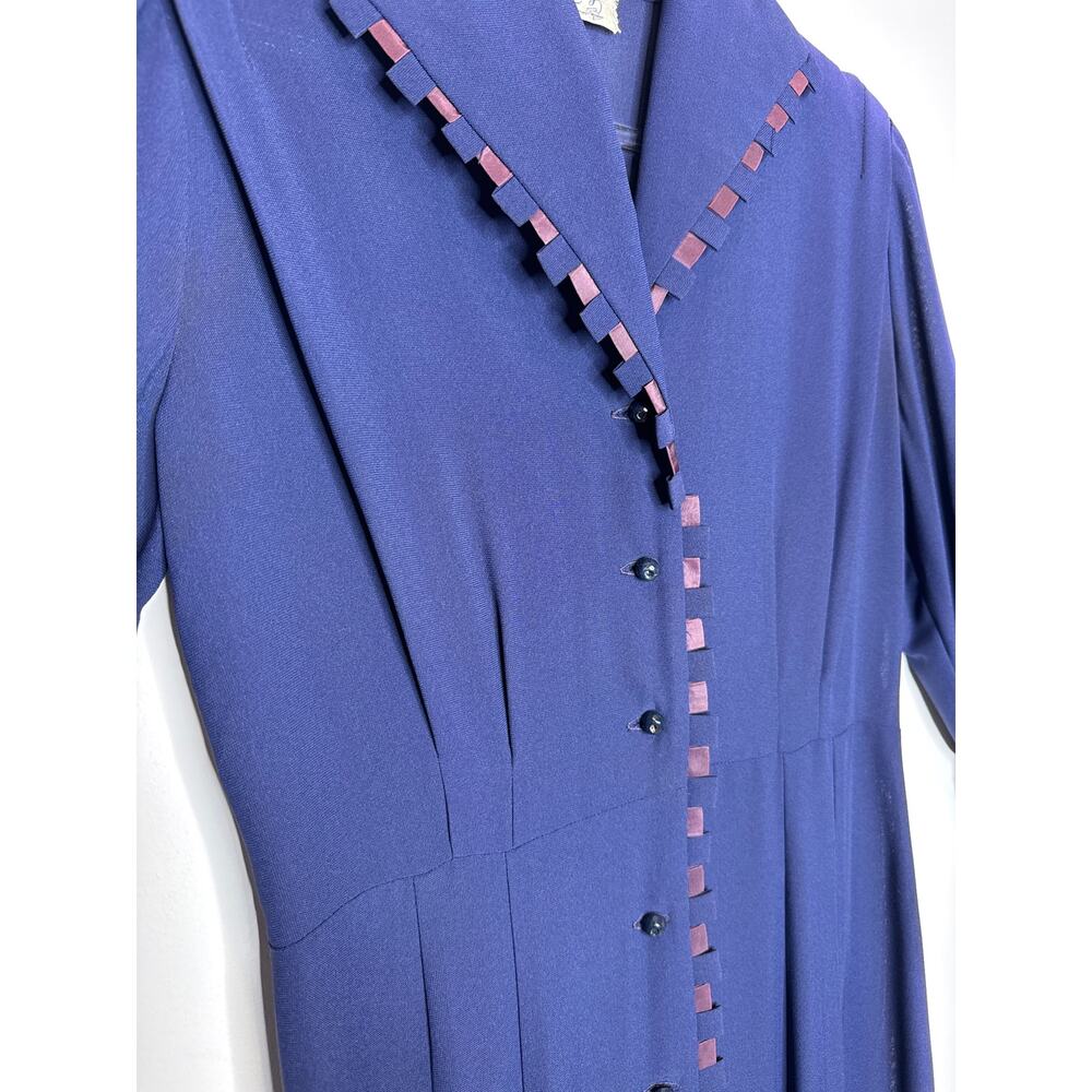 1950s Fair Lady Navy Crepe Button-Front Dress w/ Ribbon Trim medium - Picture 8 of 16